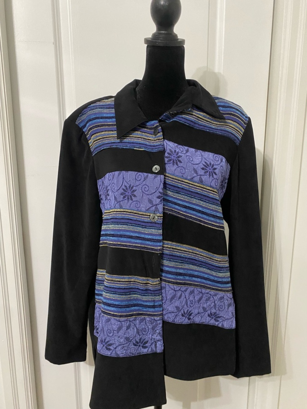 Vintage 1980s Womens Black & Purple Patchwork Button-Front Jacket | Size 10